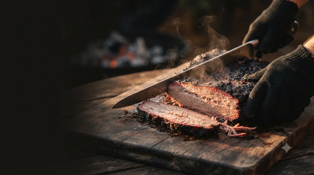 Manos con guantes negros cortan un brisket humeante sobre una tabla de madera, con el anillo de humo rosado visible en cada loncha y brasas al fondo
