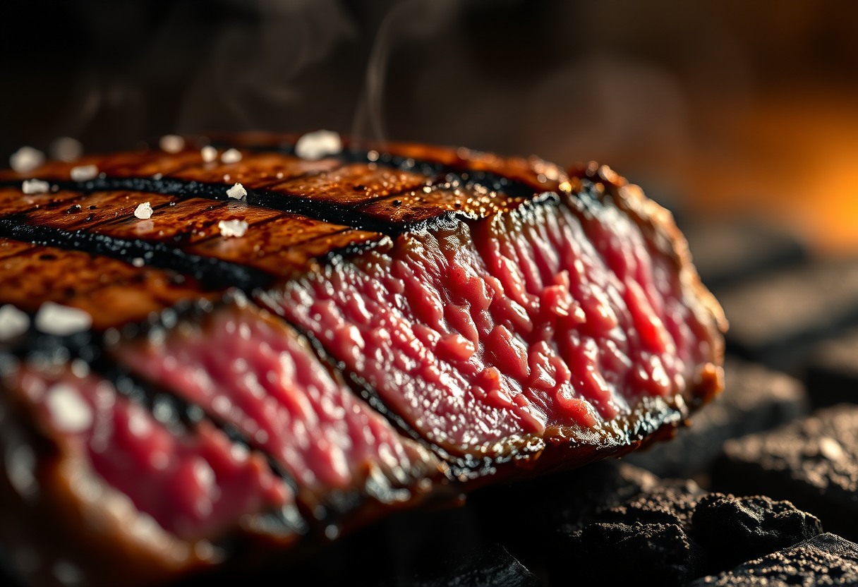 Corte de carne a la parrilla en primer plano, con las marcas del asador, sal en escamas y el interior jugoso, humeando